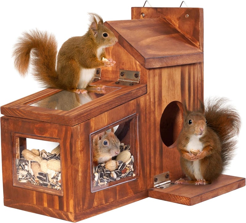 MIXUMON Wood Squirrel Feeder, Squirrel Feeders for Outside Winter, Wooden Chipmunk Feeder for Corn, Peanuts, Durable Box Easy to Fill with Removable Top Panel - Image 1